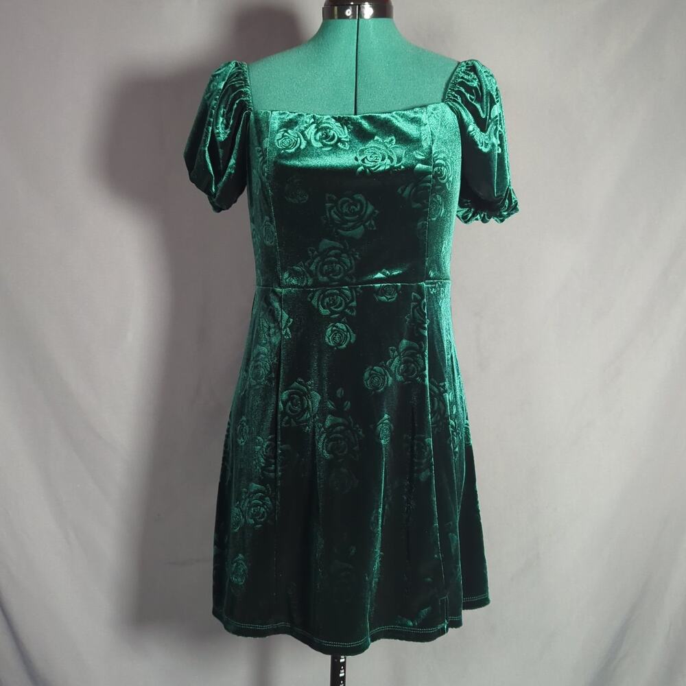 Francesca’s Emerald Green Velvet Rose Puff Sleeve Mini Dress M Whimsigoth